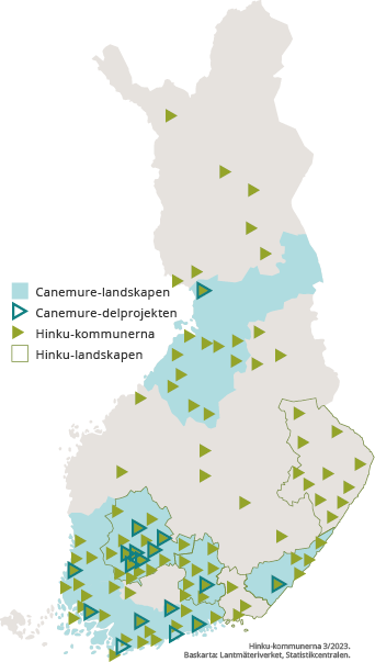 Karta över Canemure-landskapen, Canemure delprojekten, Hinku-kommunerna och Hinku-landskapen.